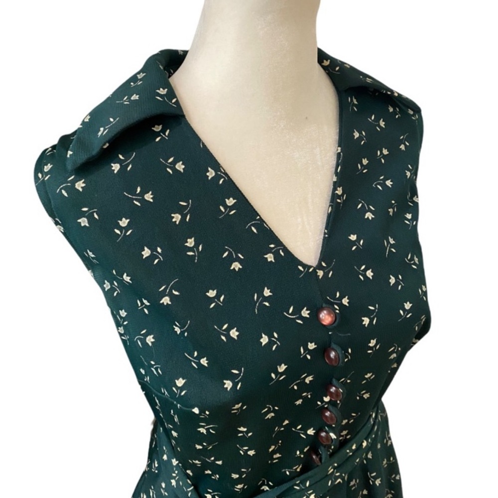 Vintage 60s / 70s Pinup Green Floral Button Dress - size women's 16 - medium - Picture 6 of 11